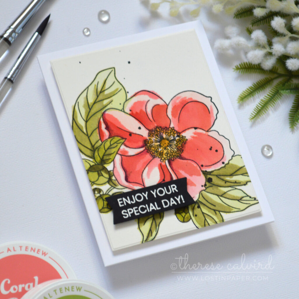 Bright red pink and green floral card created with watercolor through a stencil