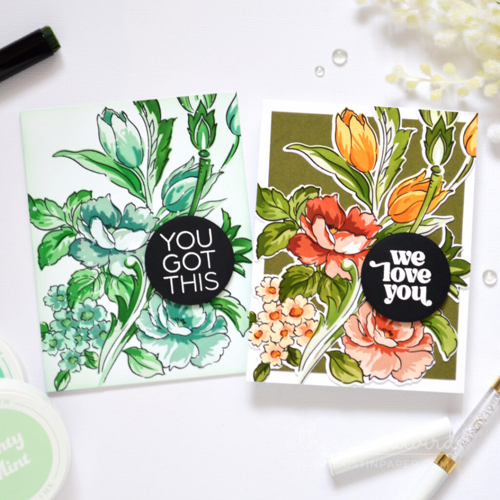 Two floral cards made with the same design in different color palettes, one cool mint and teal and one warm coral and gold.