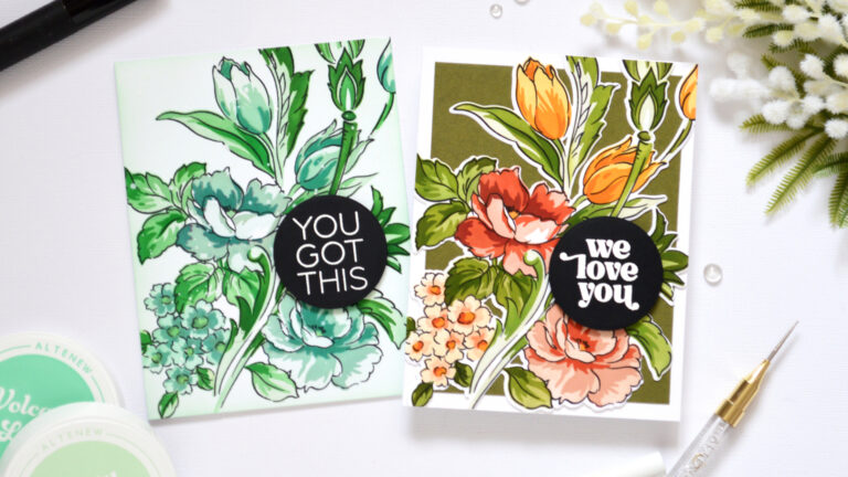 Two floral cards made with the same design in different color palettes, one cool mint and teal and one warm coral and gold.