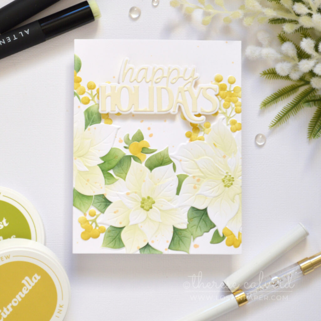 Handmade card featuring 3D embossed poinsettias with stencil ink blending, soft pistachio green centers, golden highlights, and a layered die-cut sentiment.