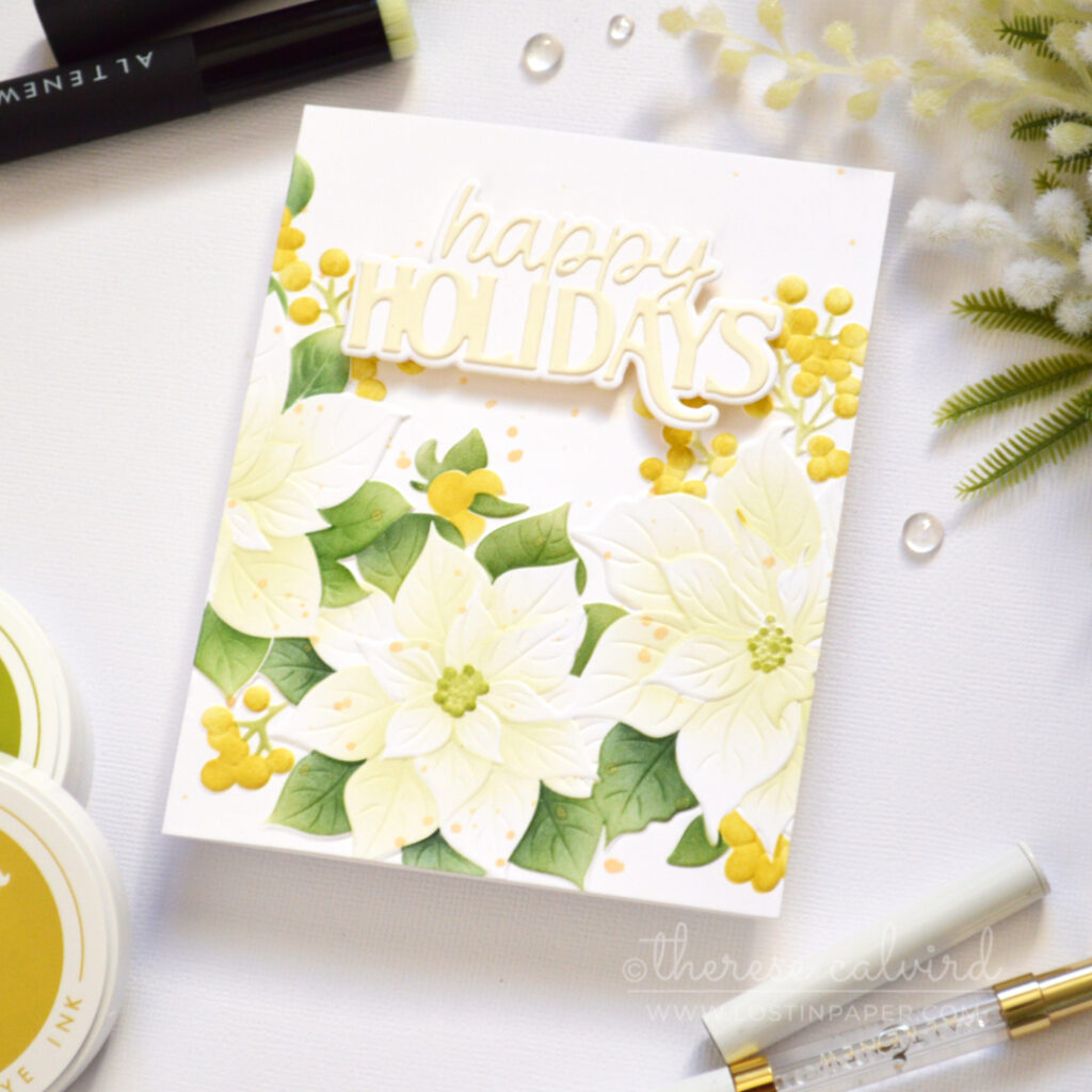 Handmade card featuring 3D embossed poinsettias with stencil ink blending, soft pistachio green centers, golden highlights, and a layered die-cut sentiment.