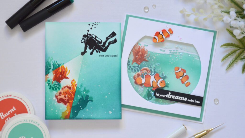 Two underwater cards by Therese Calvird including a fishbowl shaker card and spotlight reef card