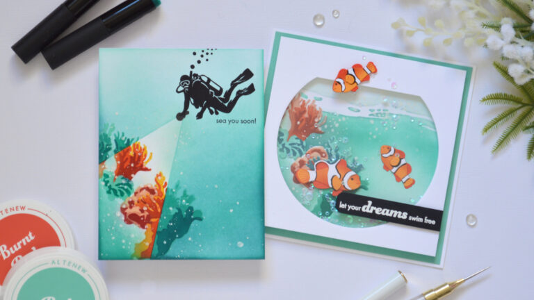 Two underwater cards by Therese Calvird including a fishbowl shaker card and spotlight reef card