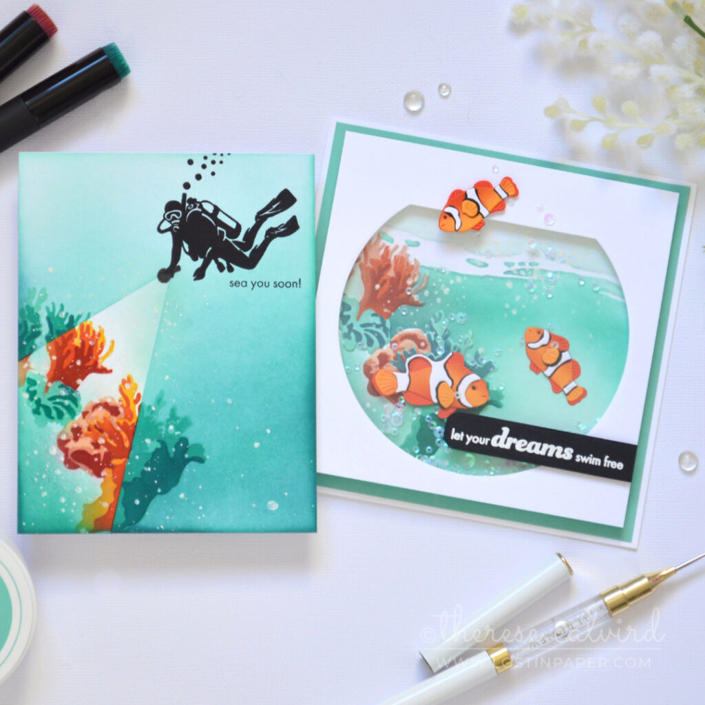Two underwater cards by Therese Calvird including a fishbowl shaker card and spotlight reef card