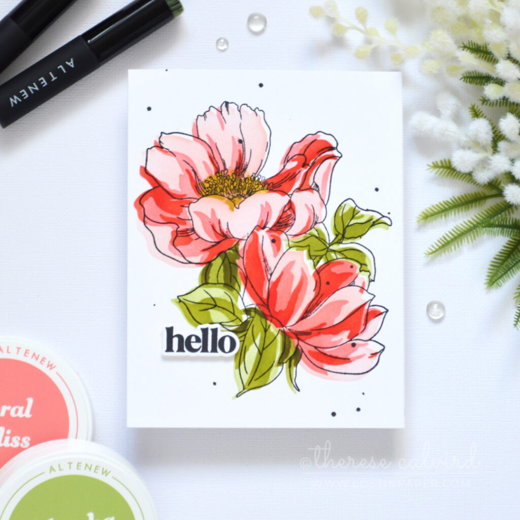 Red pink floral stencil card with green leaves created using ink blending