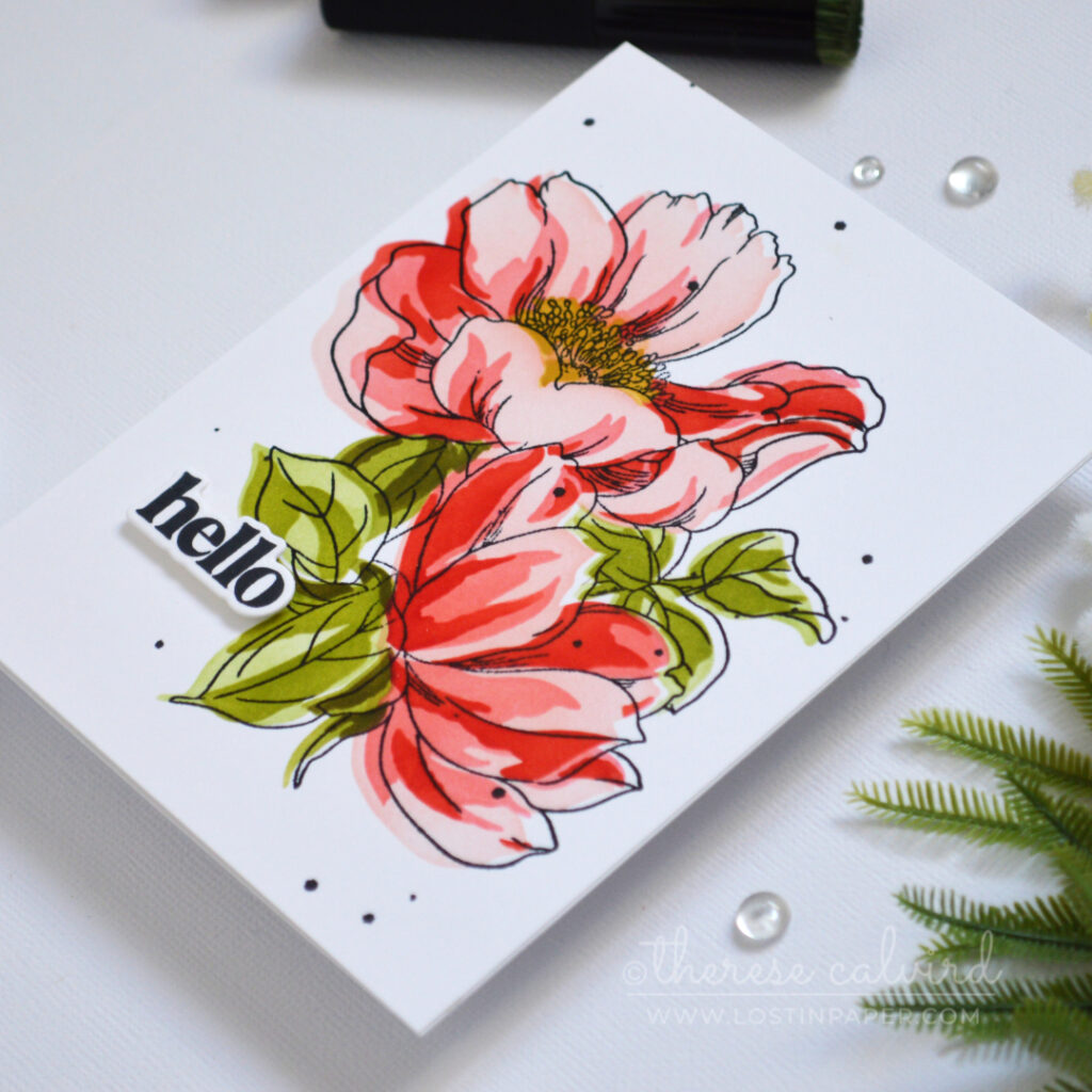 Red pink floral stencil card with green leaves created using ink blending