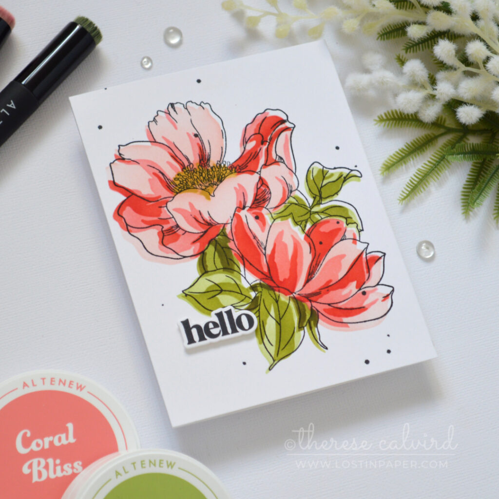 Red pink floral stencil card with green leaves created using ink blending