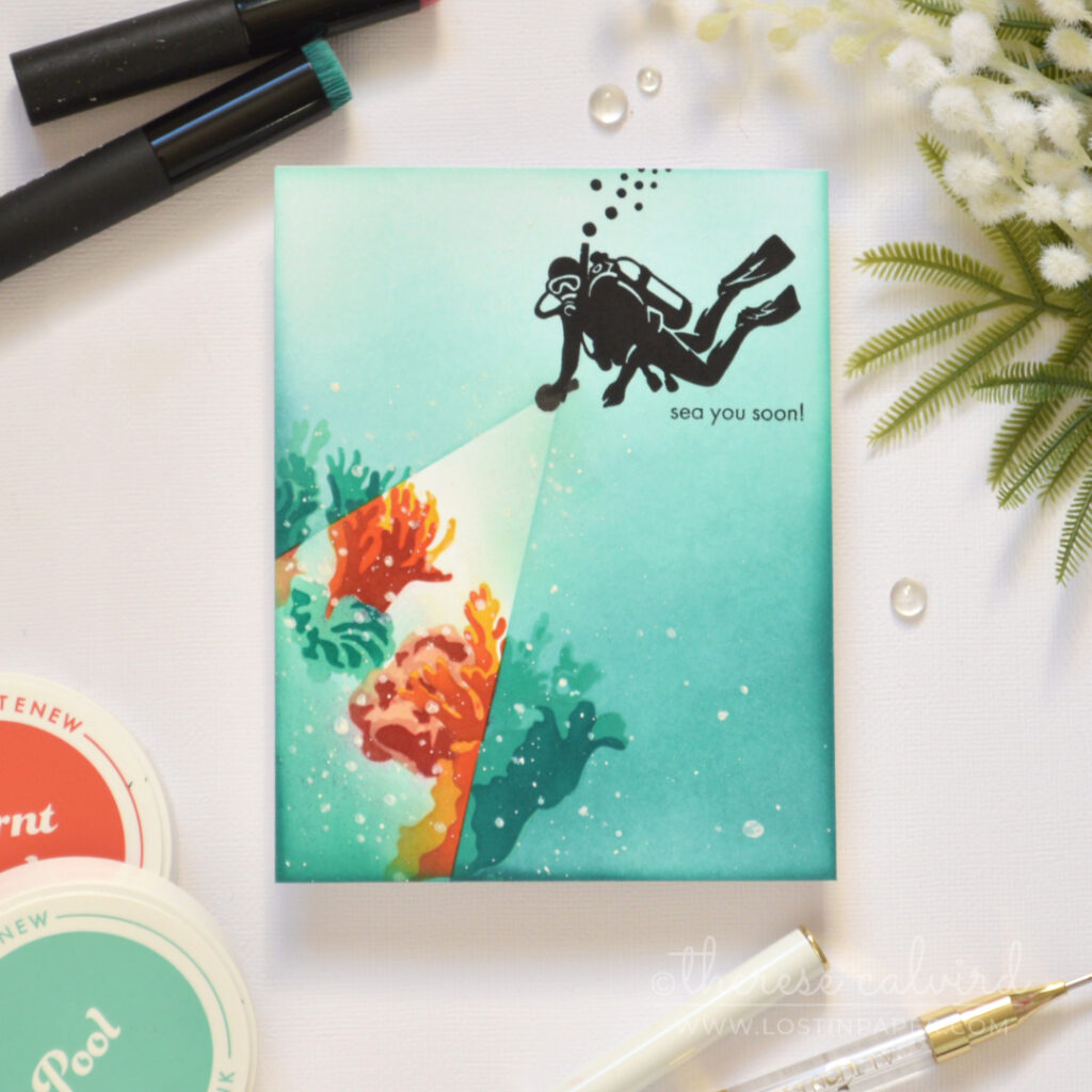 Spotlight reef card by Therese Calvird with embossed coral background and ink blended circle