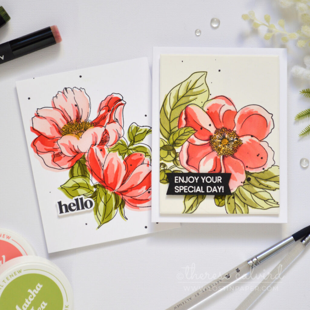 Two red pink and green floral stencil cards made using watercolor and ink blending techniques