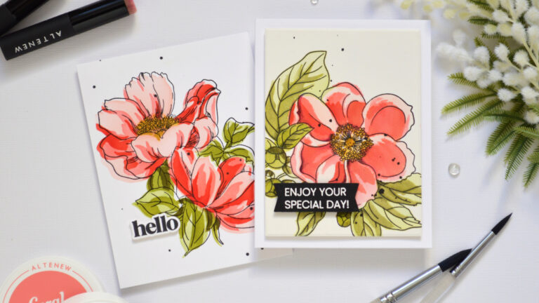 Two red pink and green floral stencil cards made using watercolor and ink blending techniques