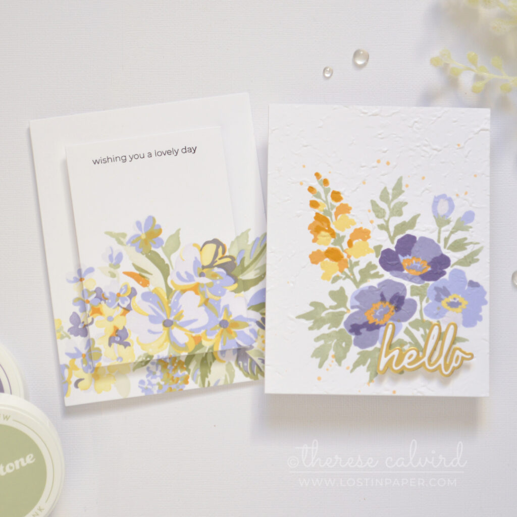 Two handmade floral bouquet cards showing different ways to add dimension with embossing and raised layers.