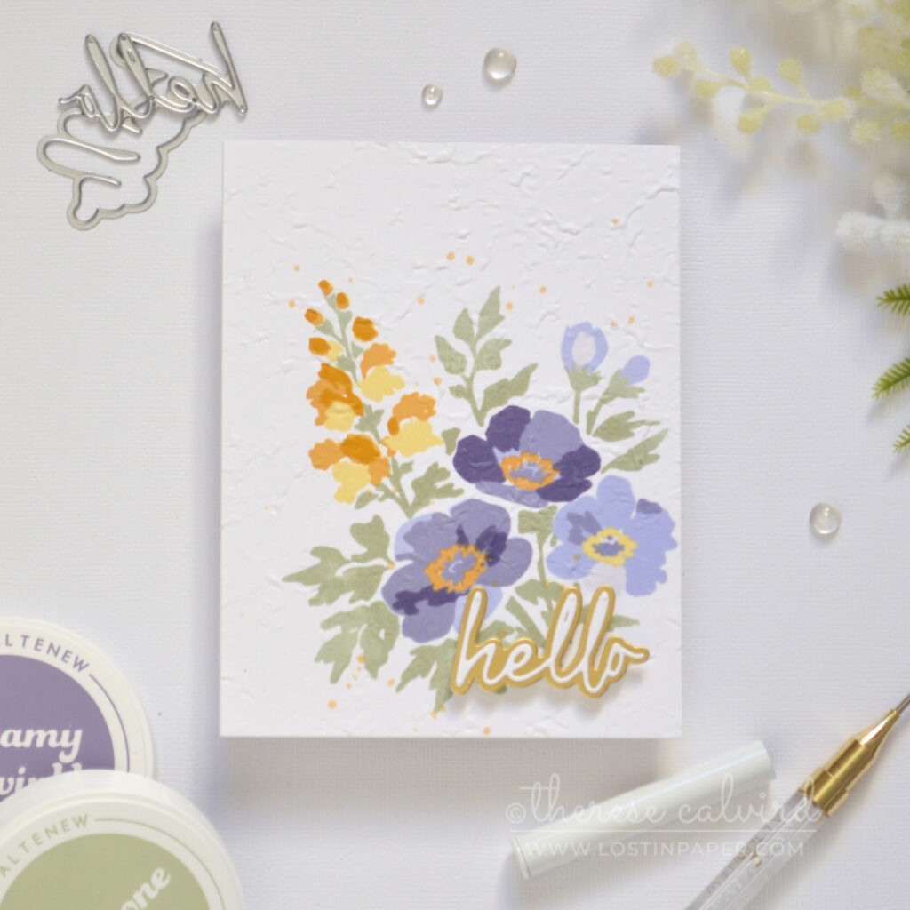 Handmade stamped floral bouquet card with embossed texture and a layered hello sentiment.