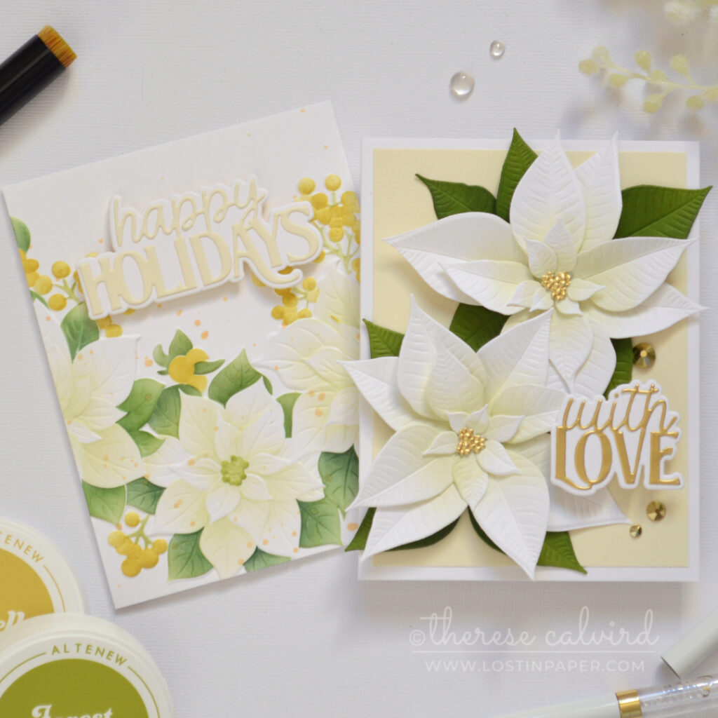 Two handmade poinsettia cards featuring white flowers with soft pistachio green ink blending, golden highlights, and layered die-cut sentiments.