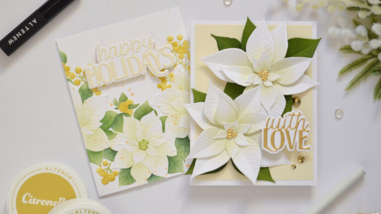 Two handmade poinsettia cards featuring white flowers with soft pistachio green ink blending, golden highlights, and layered die-cut sentiments.