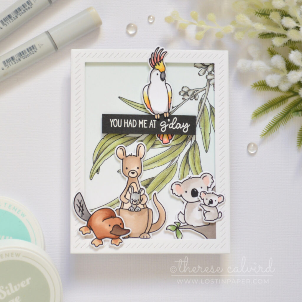 Handmade Australian welcome card featuring Copic colored Aussie critters, pencil colored gum leaves, and a G’day sentiment.