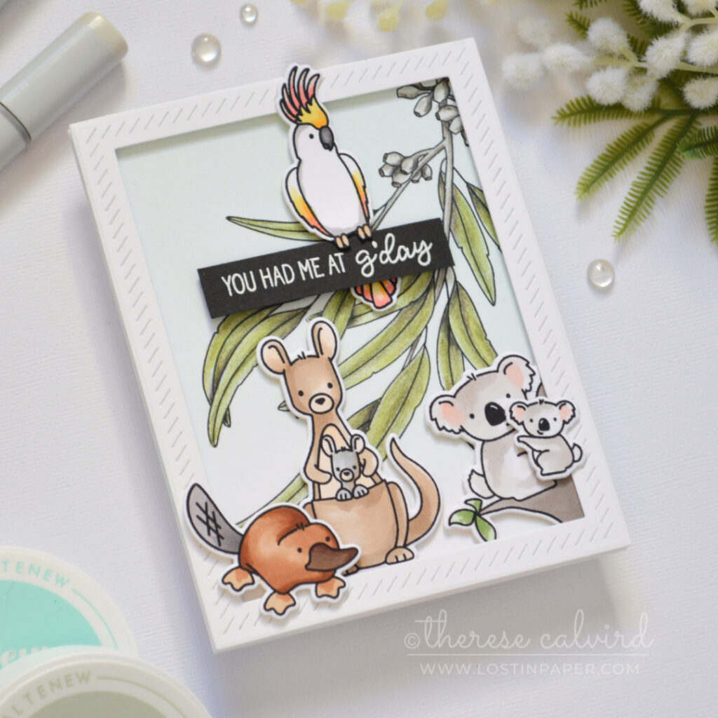 Handmade Australian welcome card featuring Copic colored Aussie critters, pencil colored gum leaves, and a G’day sentiment.