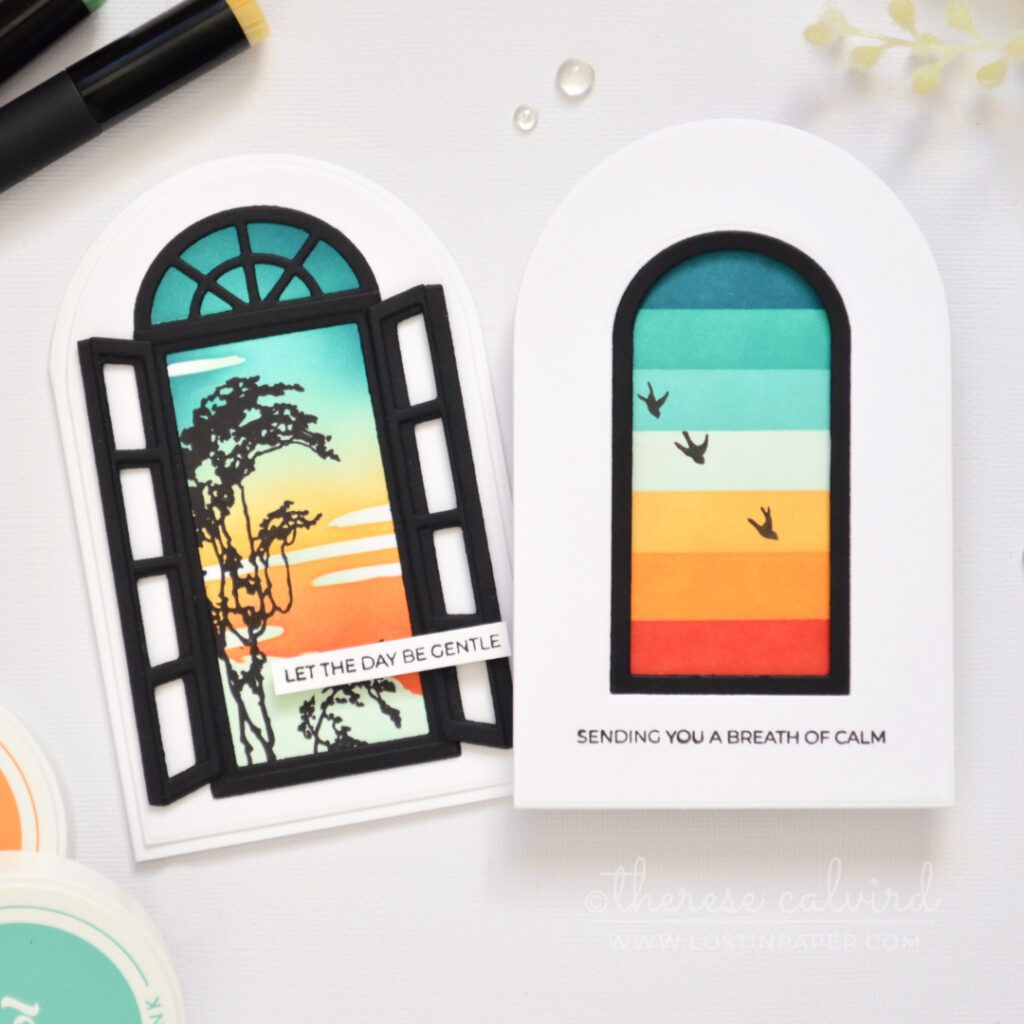 Two arched shaped cards with retro ink blended window scenes in teal, orange, and red.