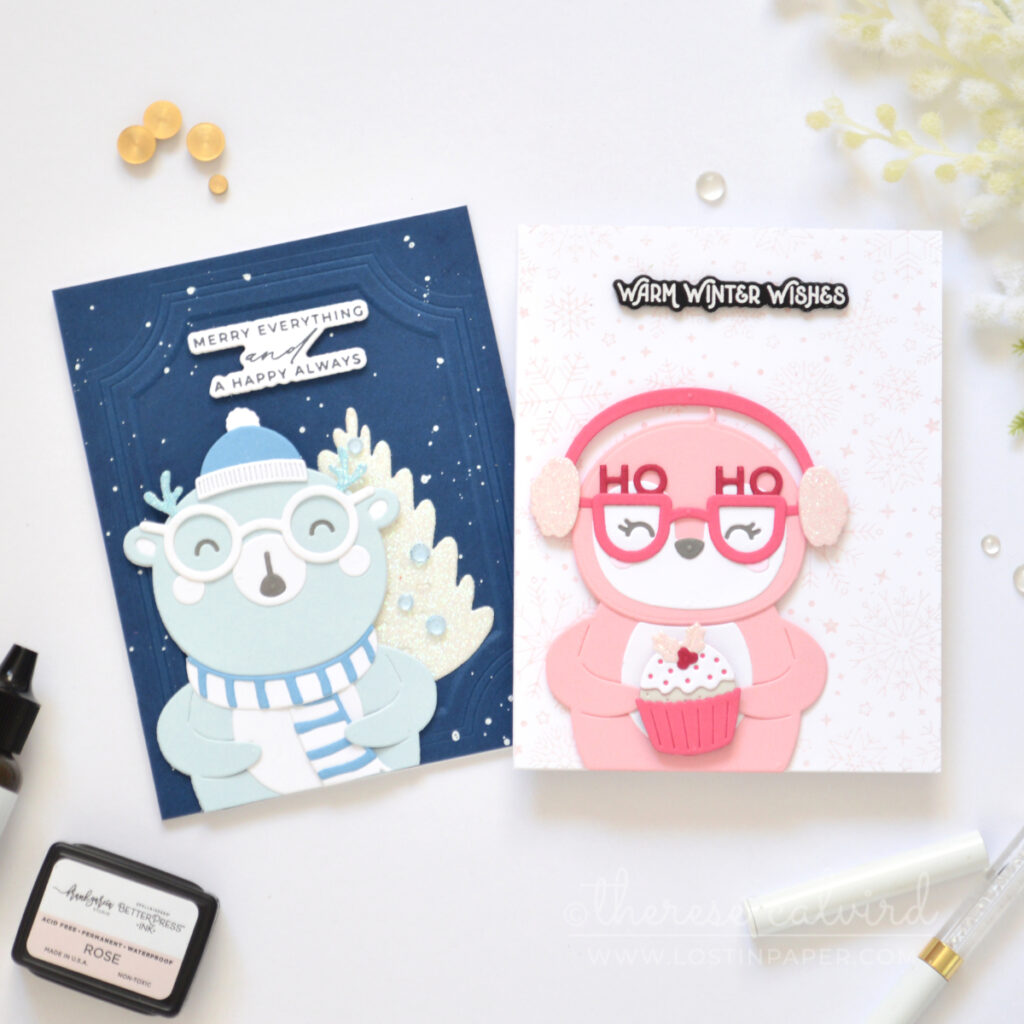 Pink penguin and blue bear monochromatic Christmas cards with layered die cuts and winter backgrounds.