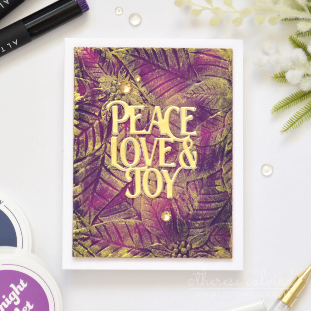Quick Christmas card with a 3D embossed poinsettia panel highlighted with gold shimmery embossing paste by Therese Calvird.