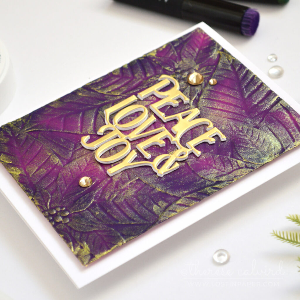 Quick Christmas card with a 3D embossed poinsettia panel highlighted with gold shimmery embossing paste by Therese Calvird.