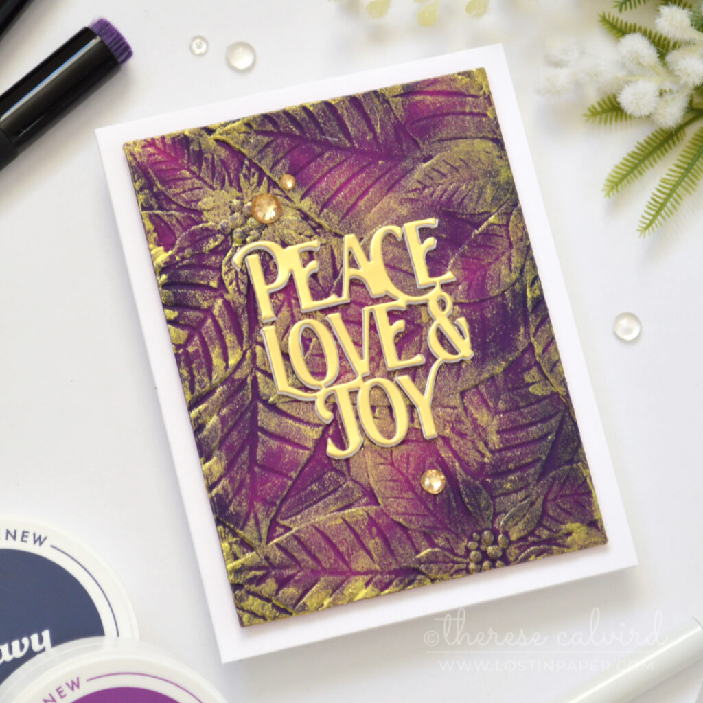 Quick Christmas card with a 3D embossed poinsettia panel highlighted with gold shimmery embossing paste by Therese Calvird.