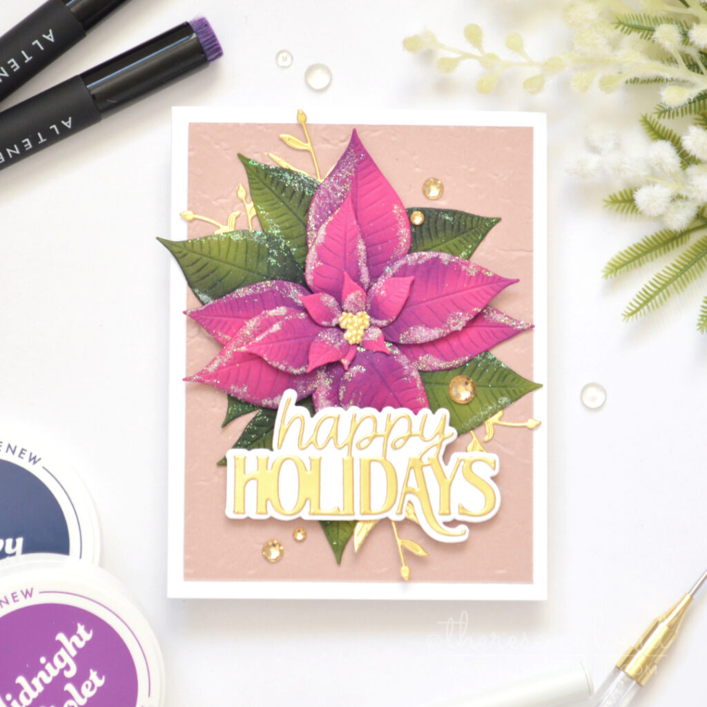 Handmade Christmas card featuring a layered embossed poinsettia with sugary sparkle and a reverse embossed background by Therese Calvird.