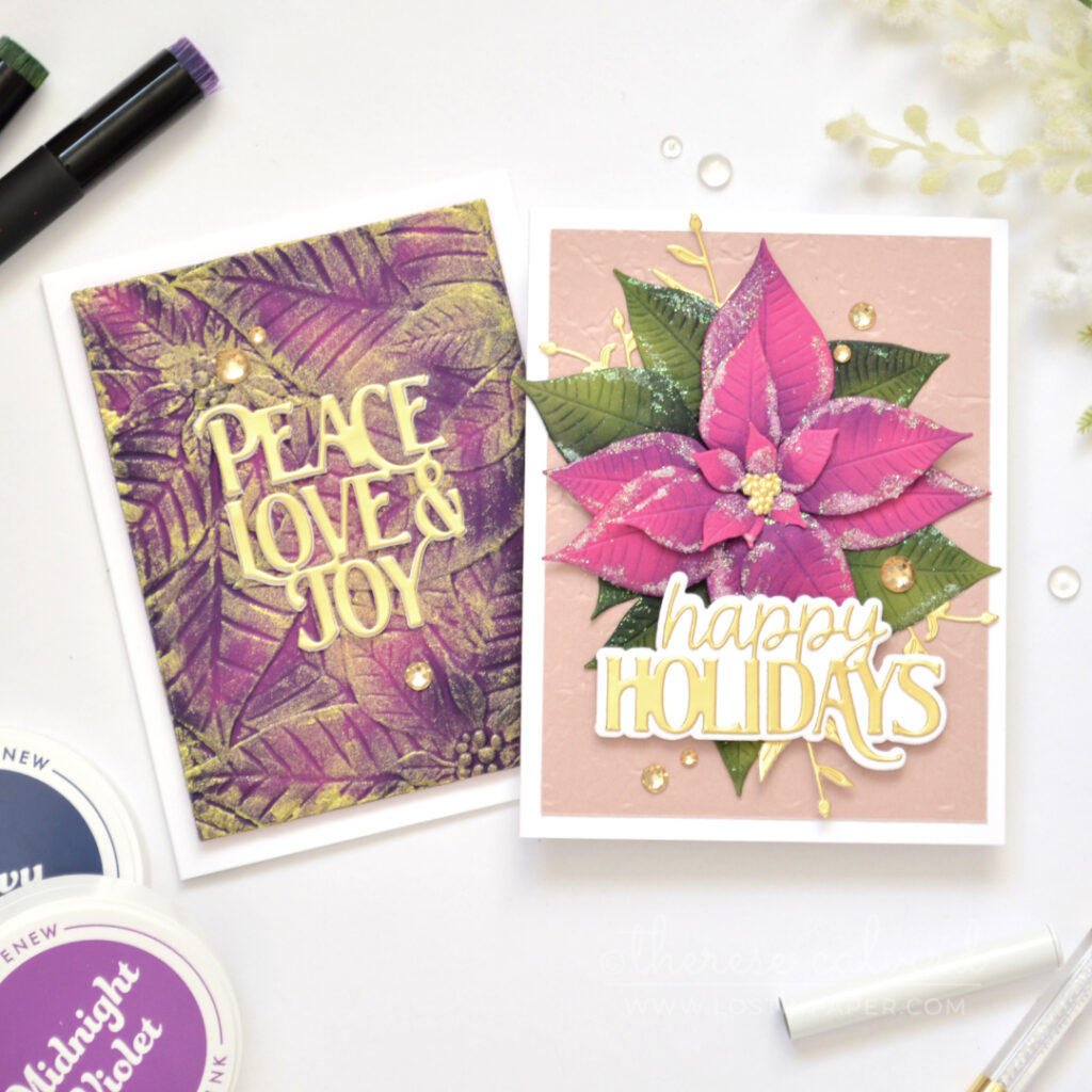 Two textured poinsettia Christmas cards using embossing folders, sparkle and gold shimmer by Therese Calvird.
