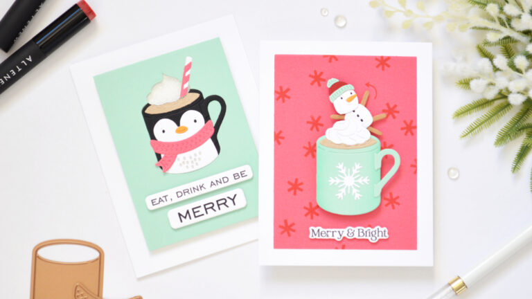 Two interactive Christmas mug cards featuring spinner and shaker movement