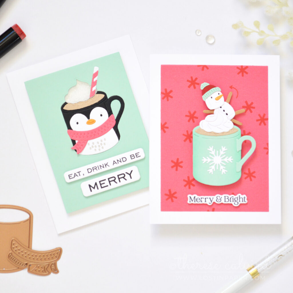 Two interactive Christmas mug cards featuring spinner and shaker movement