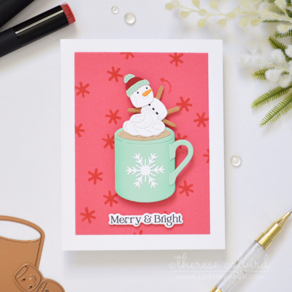 Christmas mug card with a spinning marshmallow snowman by Therese Calvird