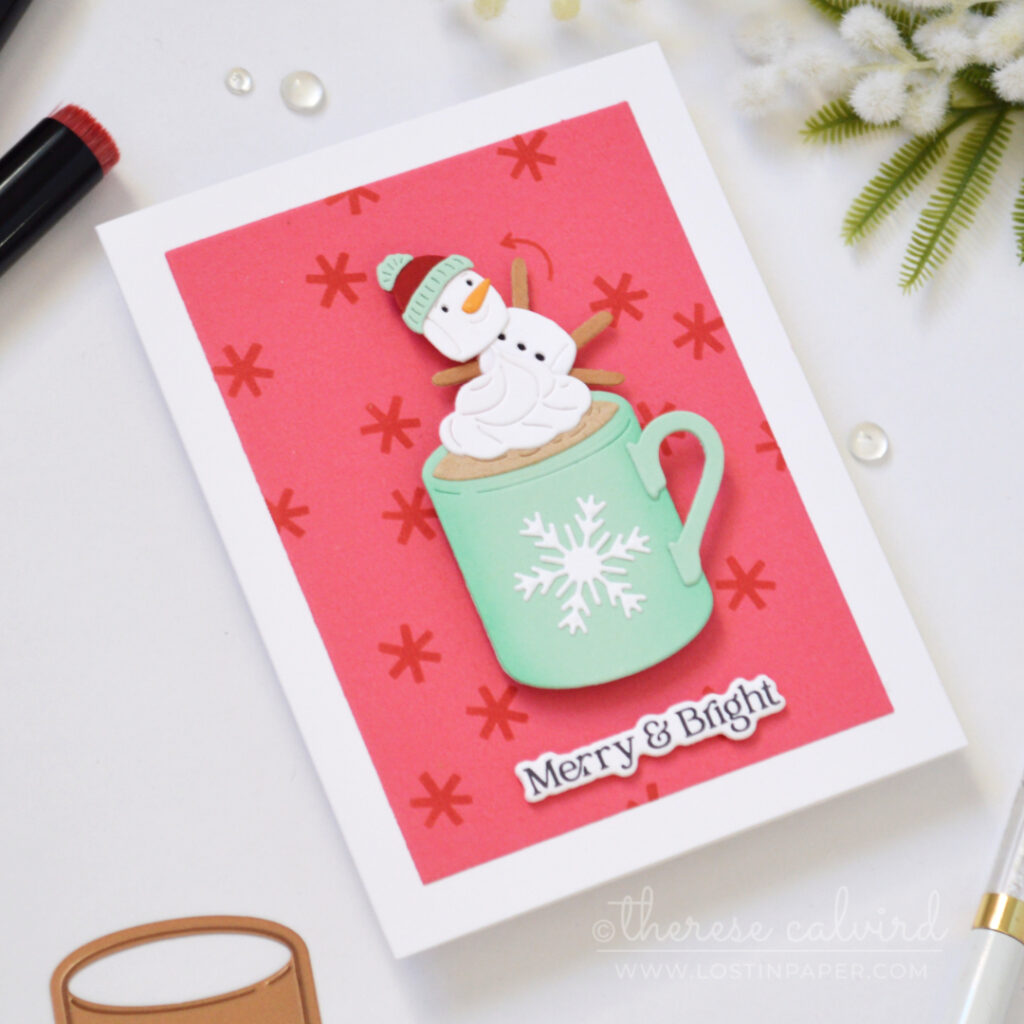Christmas mug card with a spinning marshmallow snowman by Therese Calvird