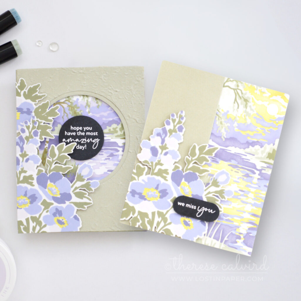 Two easy fun fold floral cards in sage green and Moonlit Twilight purple, featuring a circle window trifold and Z-fold design with painterly floral details.