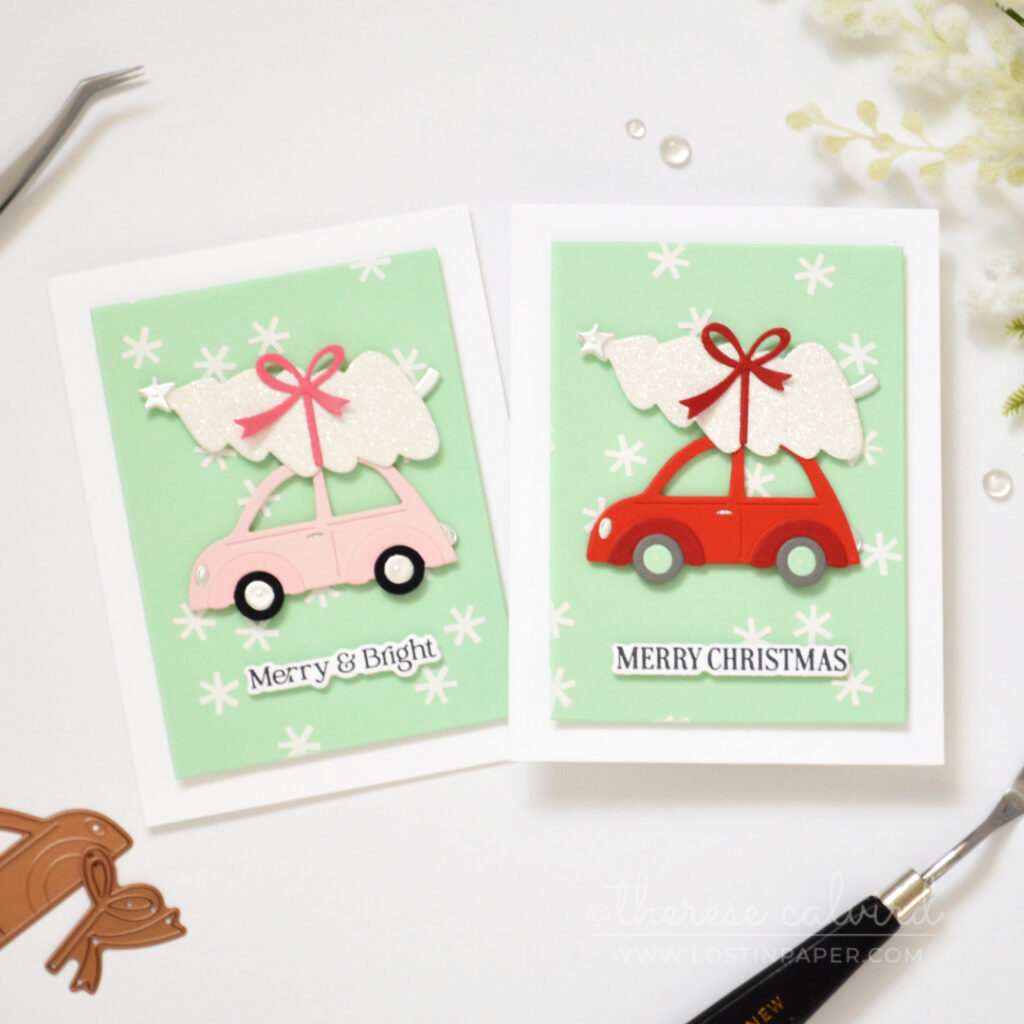 Two mint Christmas cards with red and pale pink cars, white snowflake texture and glittery trees.
