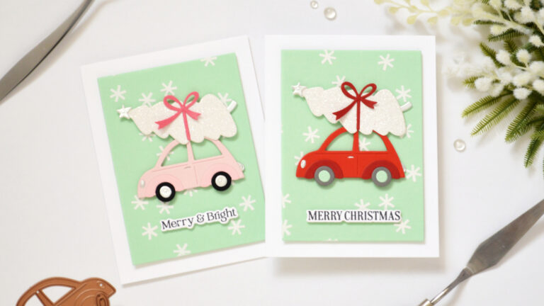 Two mint Christmas cards with red and pale pink cars, white snowflake texture and glittery trees.