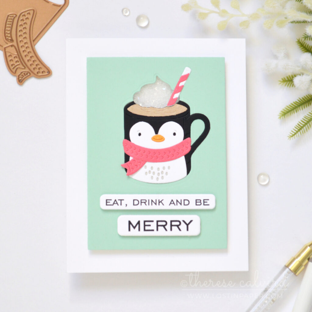 Penguin Christmas mug card with shaker froth by Therese Calvird