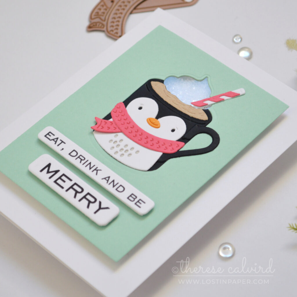Penguin Christmas mug card with shaker froth by Therese Calvird