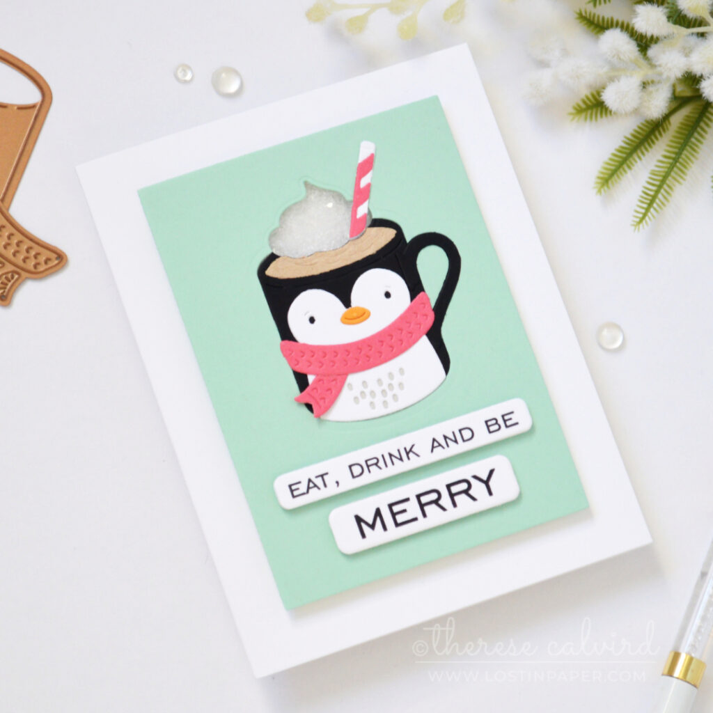 Penguin Christmas mug card with shaker froth by Therese Calvird