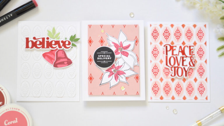 Three Christmas cards featuring different texture techniques including embossing, texture paste and hot foil.