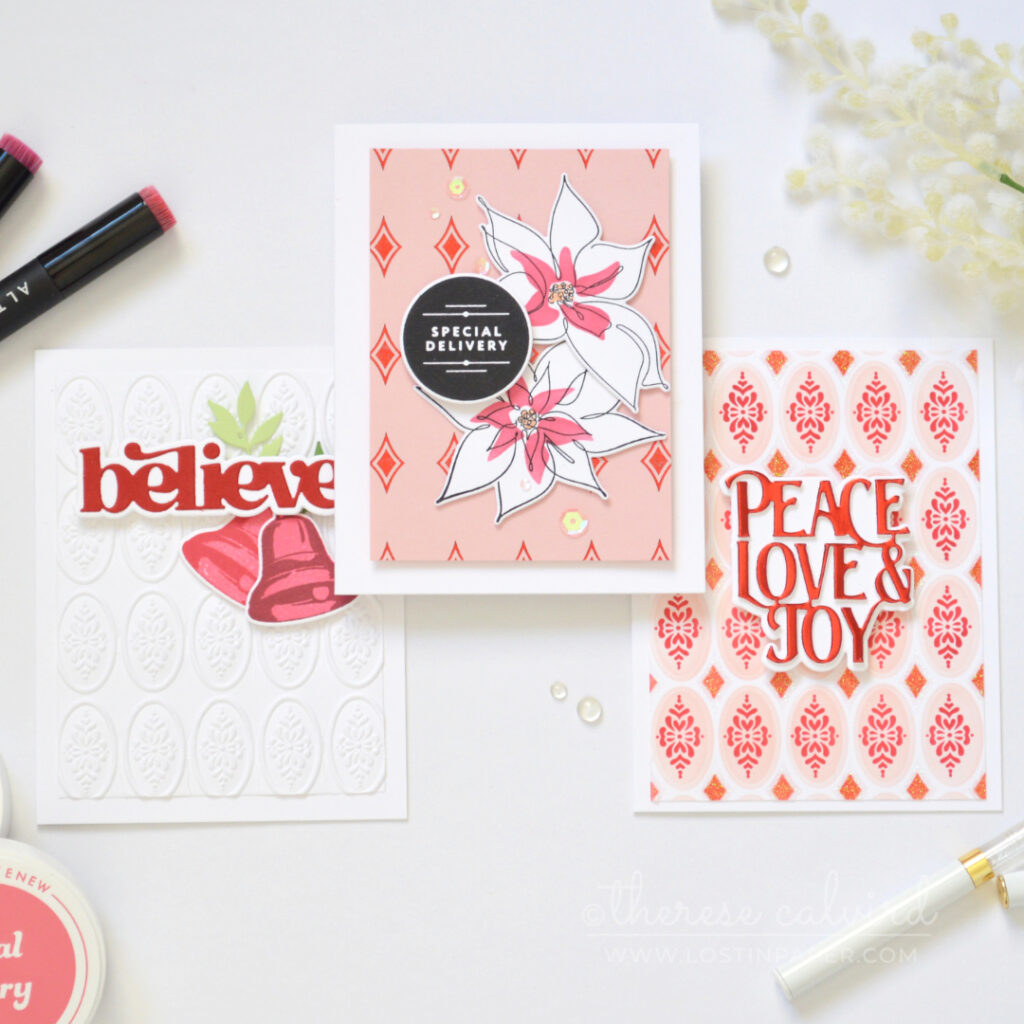 Three Christmas cards featuring different texture techniques including embossing, texture paste and hot foil.