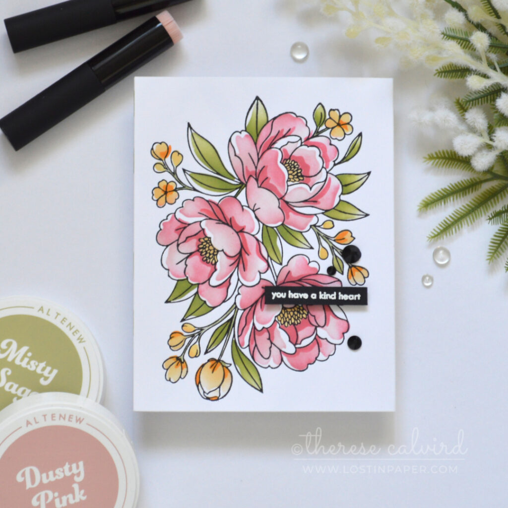 Handmade floral card with a dusty pink BetterPress bouquet, soft green and yellow stenciling, a green diamond pattern, torn paper edge, and a kind sentiment.
