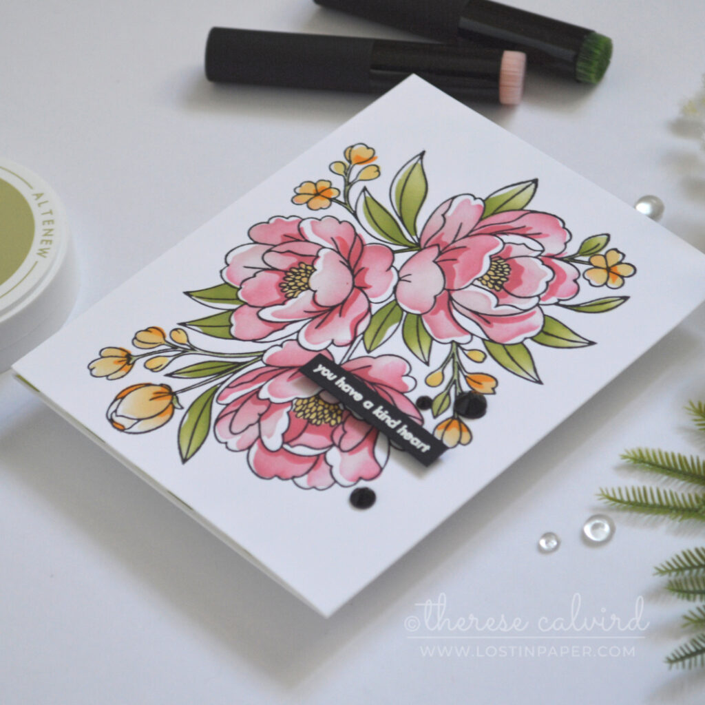 Handmade floral card with a dusty pink BetterPress bouquet, soft green and yellow stenciling, a green diamond pattern, torn paper edge, and a kind sentiment.