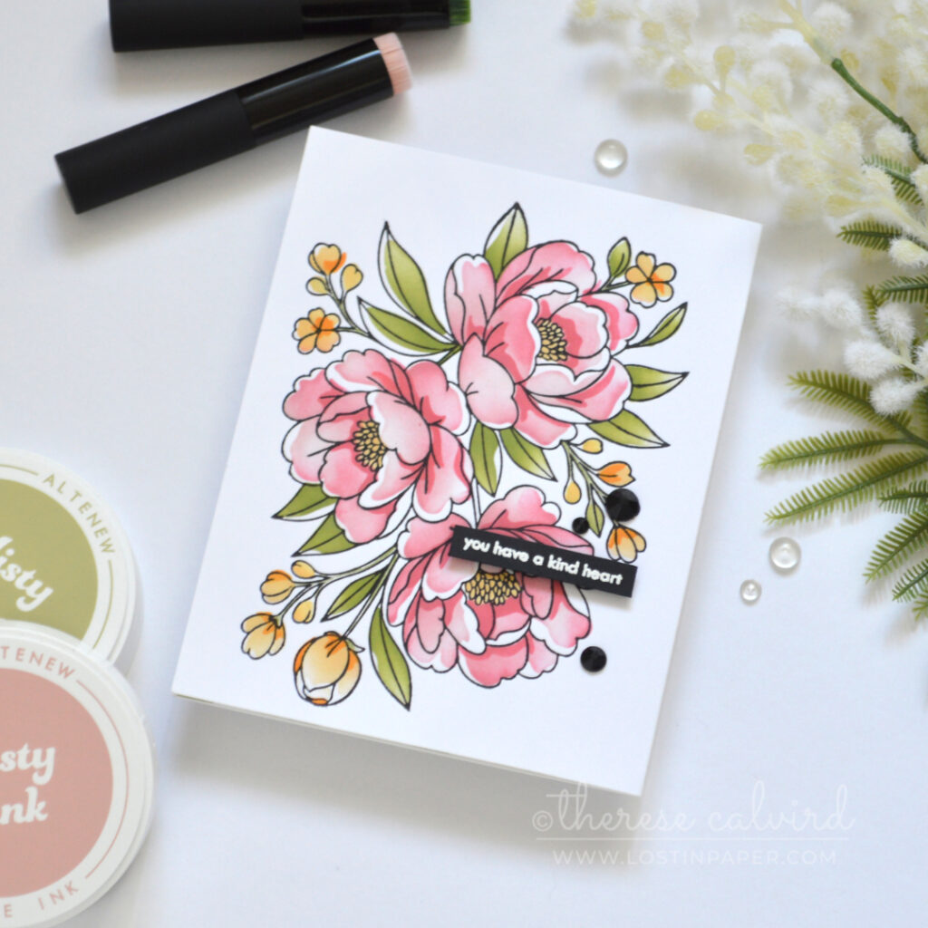 Handmade floral card with a dusty pink BetterPress bouquet, soft green and yellow stenciling, a green diamond pattern, torn paper edge, and a kind sentiment.