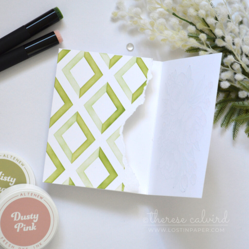 Handmade floral card with a dusty pink BetterPress bouquet, soft green and yellow stenciling, a green diamond pattern, torn paper edge, and a kind sentiment.