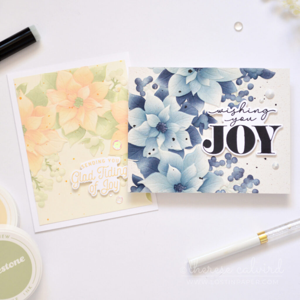 Two poinsettia Christmas cards featuring apricot and sage and monochromatic blue-grey color combinations.