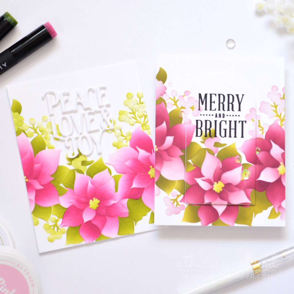 - Two poinsettia Christmas cards featuring pink and lime and plum and olive color combinations.
