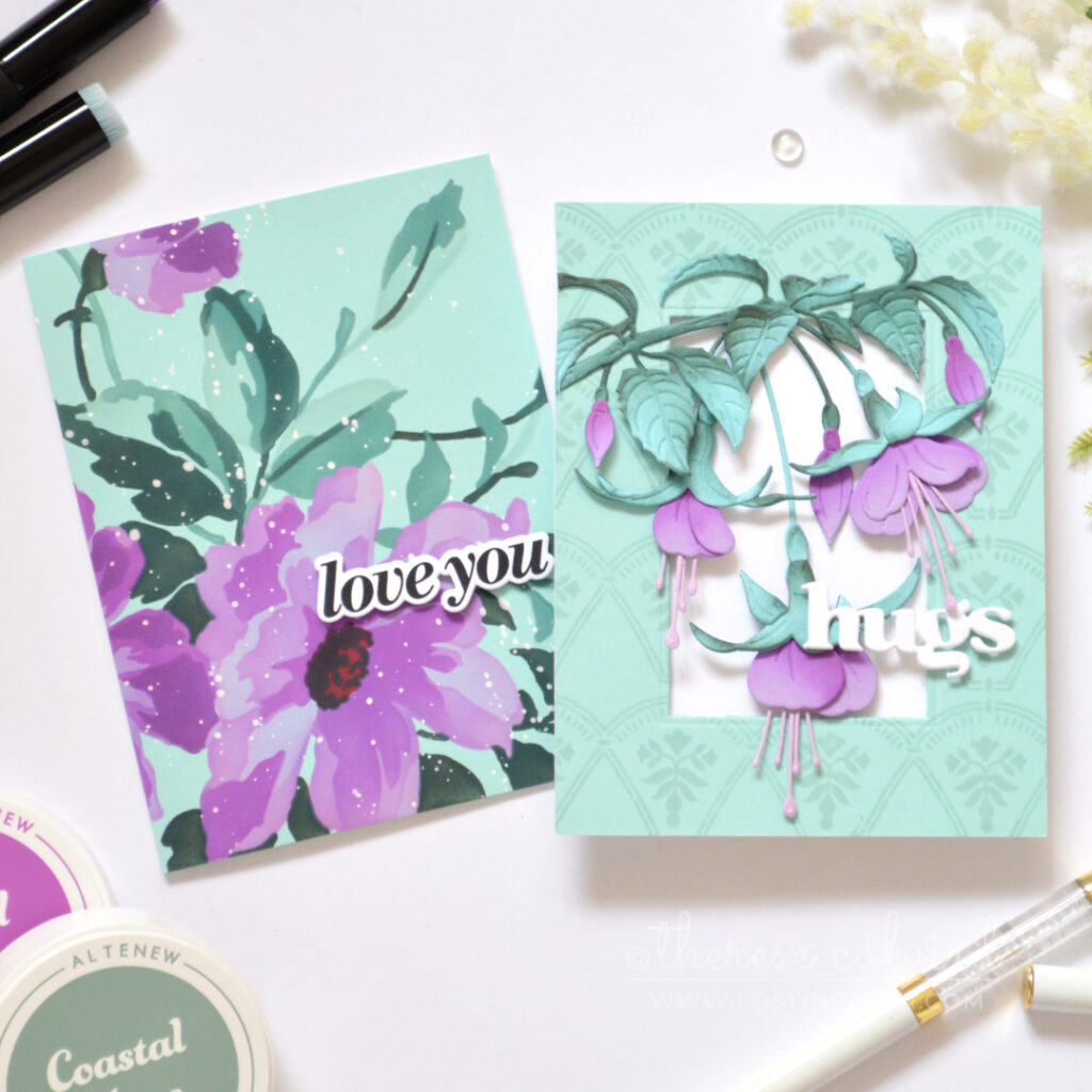 Two handmade floral cards in purple and teal, both created with colored cardstock, featuring layered flowers, teal foliage and bold sentiments.