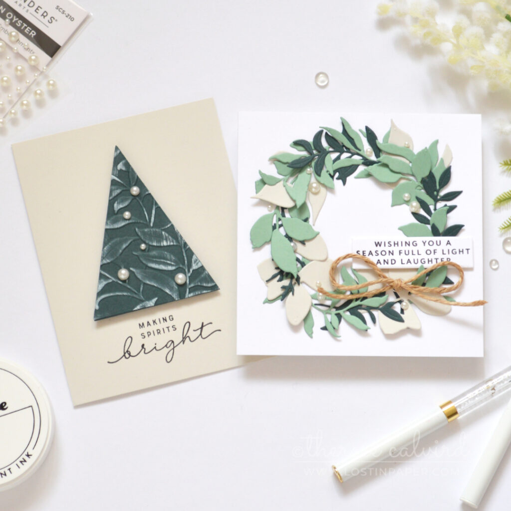 Two handmade Christmas cards using non-Christmas foliage dies and embossing folders.