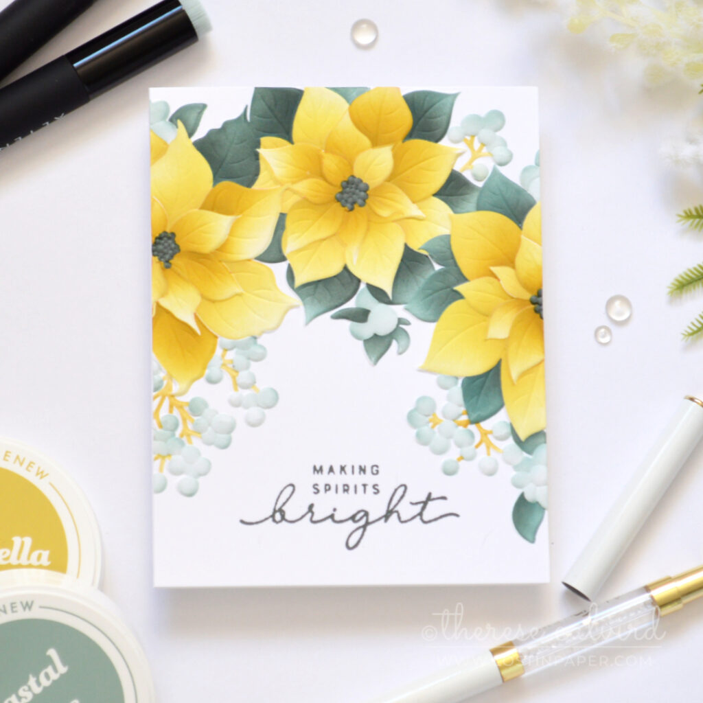 Mustard and blue-green poinsettia Christmas card.
