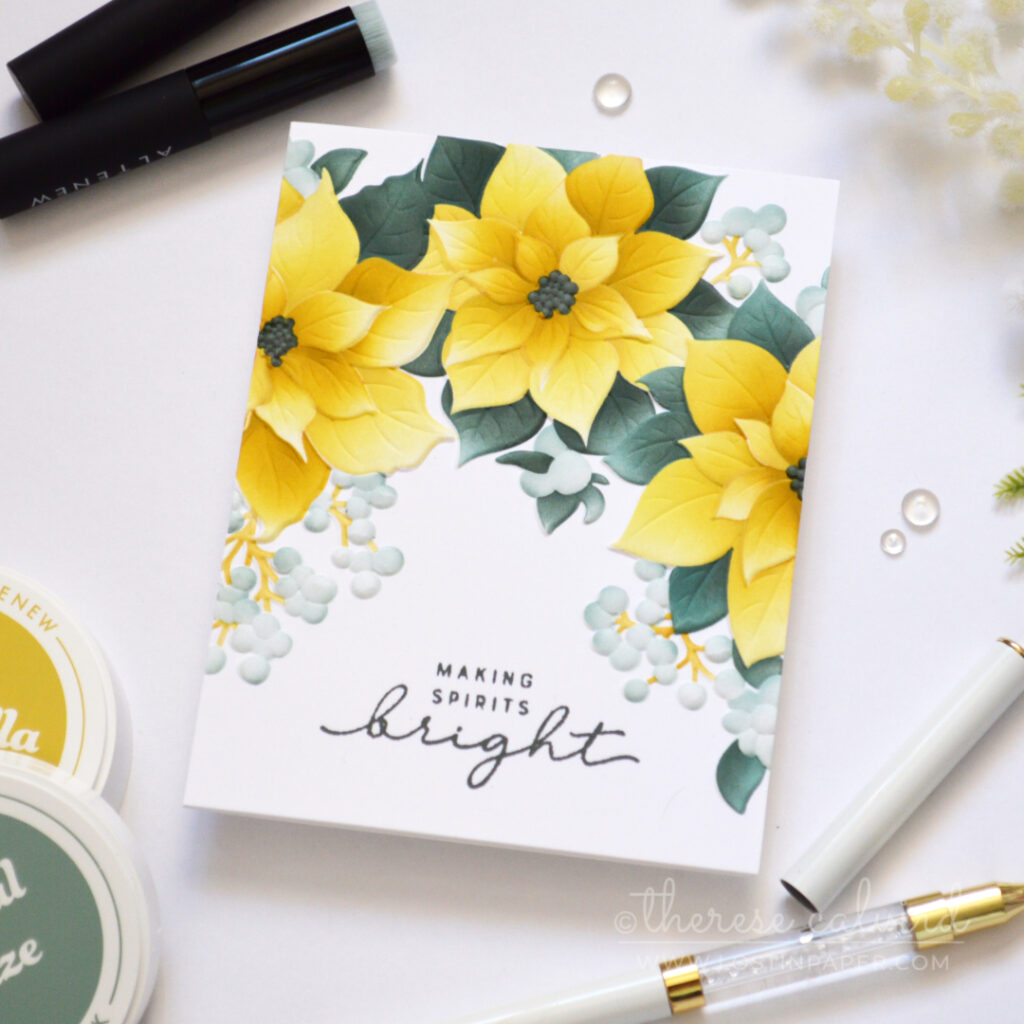 Mustard and blue-green poinsettia Christmas card.