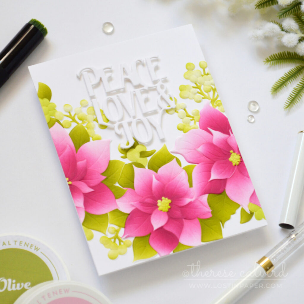 Pink and lime poinsettia Christmas card.